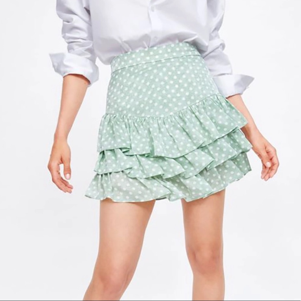 Zara mint green polka dot ruffle skirt size L